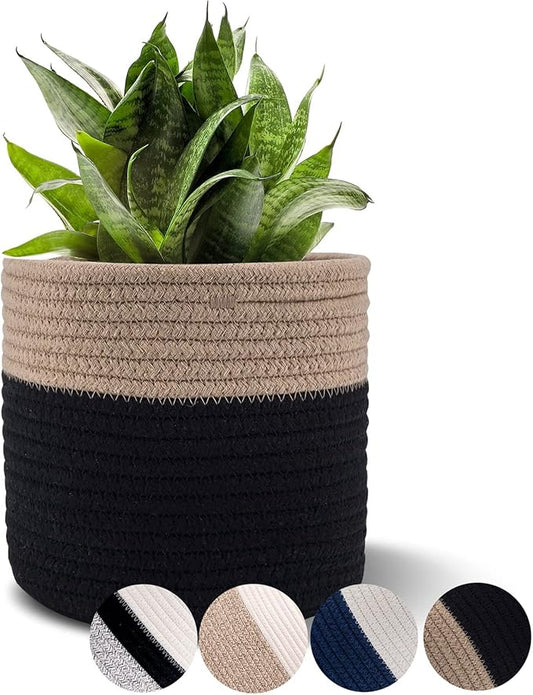 Woven Cotton Rope Plant Basket for 6" Flower Pot Floor Indoor Planters Flower Pot,Home Decor Storage Organizer H6 3/4" x W6 1/2" Black&Brown