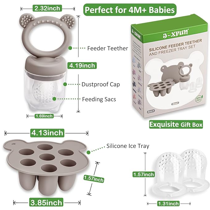 JEXFUN Silicone Baby Fruit Food Feeder Pacifier & Breastmilk Popsicle Freezer Molds, Double as Baby Teething Toys, Freezable Feeding Set for Breast Milk Ice Cubes, Food, Vegetable Purees - (Sand)