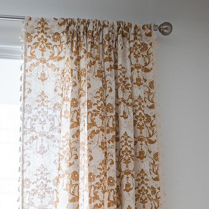 Sutuo Home Boho Curtains for Bedroom Living Room 96 Inches Length Long, Printing Moroccan Cotton Linen Rod Pocket Vibe Farmhouse Bohemian Tassels Window Treatment, 1 Panel 59" W x 96" L, Brown Damask