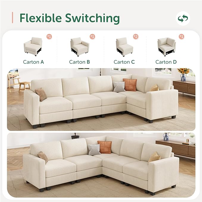 HONBAY Corduroy Modular Sectional Sofa with 5 Seaters, Sectional Corner Sofa with Chaise, L Shape Couches for Living Room, Beige