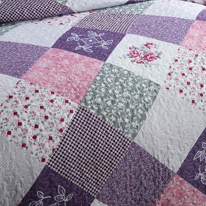 NEWLAKE Quilt Bedspread Sets-Floral Checkered Pattern Reversible Coverlet Set,Queen Size
