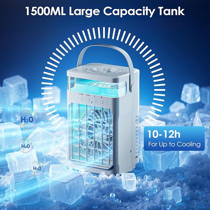 Portable Air Conditioner,Cooling Fan with 3 Speeds & 3 Modes,1500ML Mini Air Conditioner with Remote, Air Conditioner Fan,Night Light,Evaporative Air Cooler for Home/Office