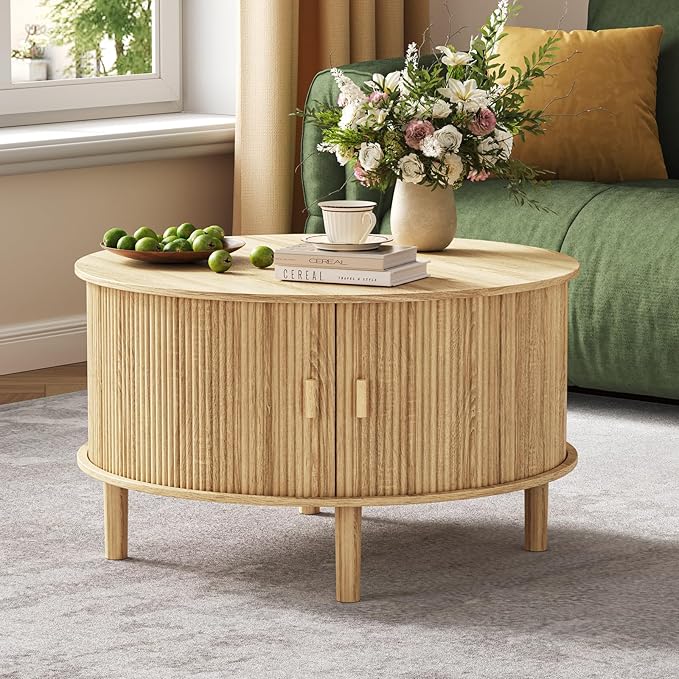 Round Coffee Table with Storage,Fluted Table with 360°Curved Sliding Doors,Solid Wood Legs, Mid Century Modern Center Table for Living Room,Apartment, Home Office,Oak,Natural