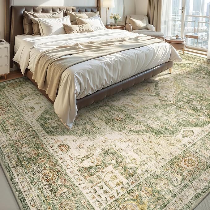 AMOAMI-Area Rug 8X10 Rugs for Living Room-Vintage Soft Green Rugs for Bedroom-Non Slip Carpet-Washable Rug for Dining Room Living Room Bedroom Office Under Table