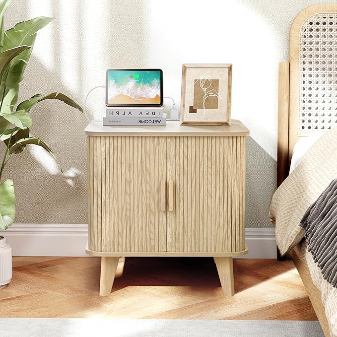 AVZEAR 24" Large Square End Table with Charging Station, Farmhouse Fluted Sofa Side Table with Sliding Tambour Door & Storage, Curved Rustic Wood Nightstand for Living Room, Bedroom, Natural