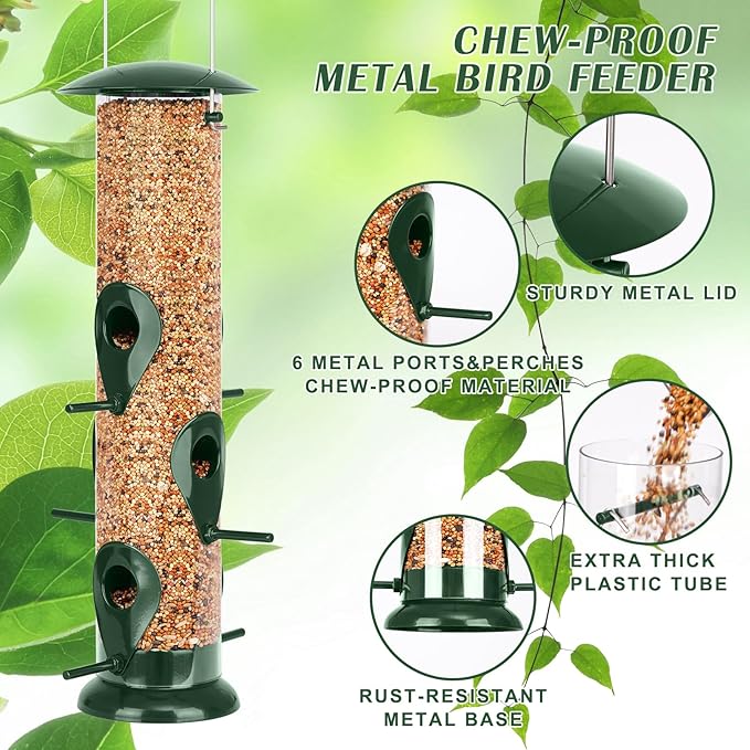 FEED GARDEN Metal Tube Bird Feeders for Outdoors Hanging, 6-Port Bird Feeder for Outside, Finch Feeders for Outside, Squirrel Proof Bird Feeders with Heavy Duty Metal Lid, Chew-Proof
