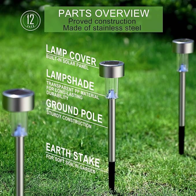 Solar Lights Outdoor Waterproof, Stainless Steel LED Landscape Lighting, Solar Garden Lights Solar Powered, Outdoor Solar Lights for Yard, Pathway, Walkway, Patio , Lawn - 12 Pack ( Multicolor )