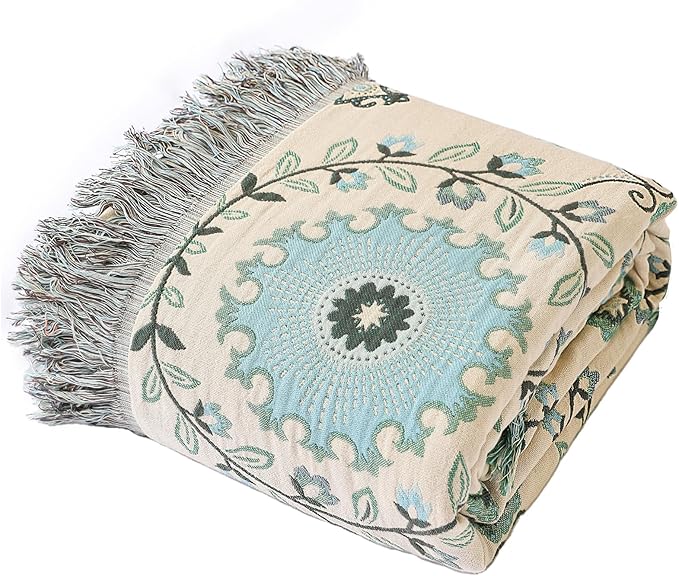 Snycler Boho Throw Blanket for Bed - 100% Cotton Ultra Soft Rustic Quilt - Blue Boho Floral Printed Farmhouse Decor Bed Blankets, 91"×98" All Season Rustic Throw for Sofa Couch Chair