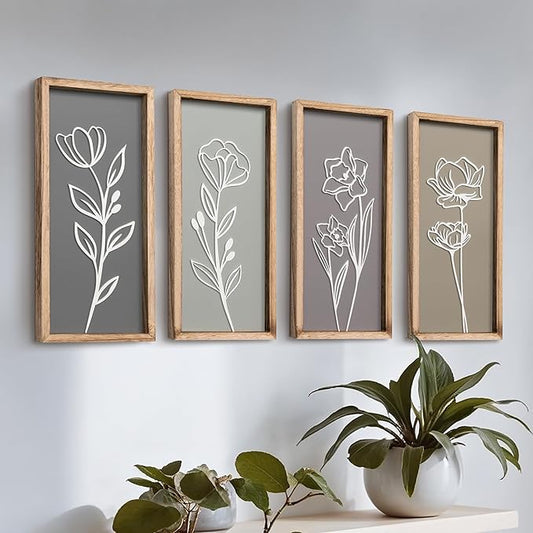3D Wooden Floral Bathroom Wall Decor (Set of 4) Lightweight, Ready-to-Hang Framed Wall Art For Living Room, Bedroom, or Office - Premium Boho Botanical Farmhouse Decorations - Gift-Boxed