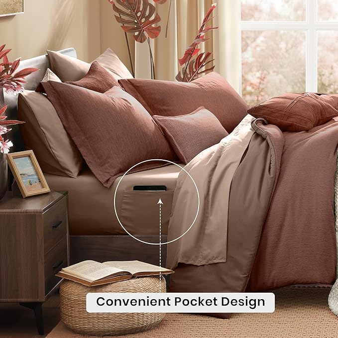 Monbix King Size Comforter Set, Terracotta King Size Bed Set Reversible, King Comforter Set 7 Pieces, Cationic Dyeing Bed in a Bag with Comforter, Sheets, Pillowcases & Shams