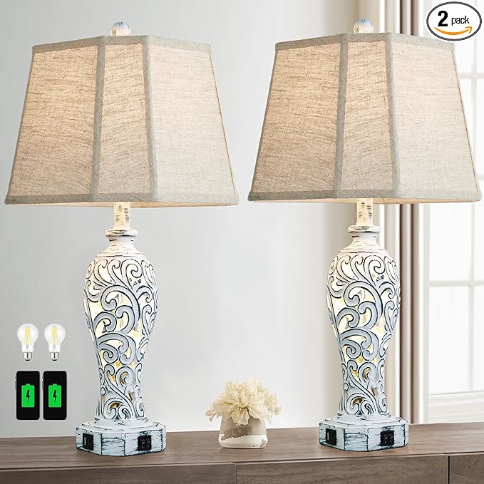 25'' Farmhouse Table Lamps Set of 2 for Living Room Bedroom, 2 USB Ports Rustic Vintage Nightstand Table Lamp with Nightlight, Hollow Out Resin Lamp for End Table (Bulbs Included)