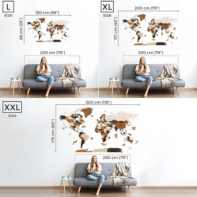HYPERI Multilayered 3D Wooden World Map Wall Decor, Wood Art Wall Decor, Mapa Mundi Para Pared, World Maps and Push Pins, Christmas, Valentine's Day Gifts For Dad, Mom, Boss, Husband, Wife (Large)