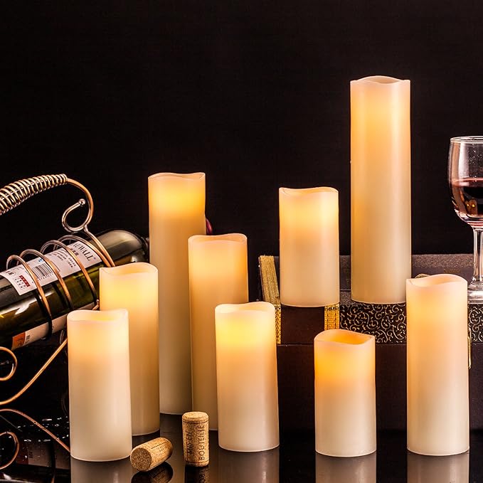 Flameless Candles Battery Operated Candles 4" 5" 6" 7" 8" 9" Set of 9 Ivory Real Wax Pillar LED Candles with 10-Key Remote and Cycling 24 Hours Timer