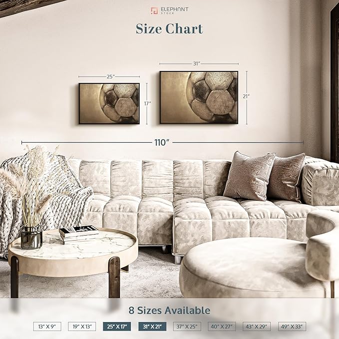 Elephant Stock Worn Soccer Ball Wall Art - Horizontal Framed Canvas - 1-Piece Living Room Wall Decor - Photography sports Canvas Print - Brown and Gray Decor for Wall - 31" X 21"