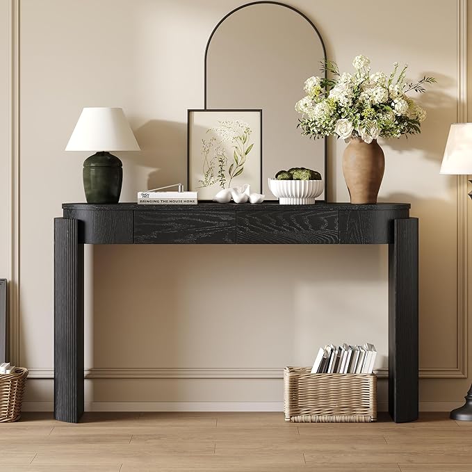 55" Sofa Table with Oval Top and 2 Drawers, Entryway Console Table with Fluted Design for Hallway,Foyer,Entry and Living Room (Fully Assembled-Black)