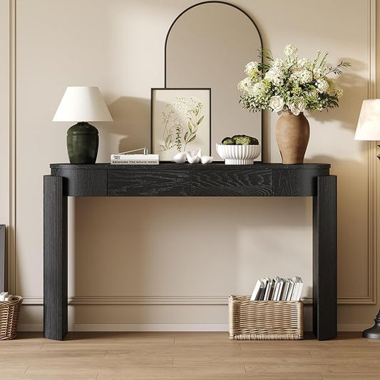 55" Sofa Table with Oval Top and 2 Drawers, Entryway Console Table with Fluted Design for Hallway,Foyer,Entry and Living Room (Fully Assembled-Black)