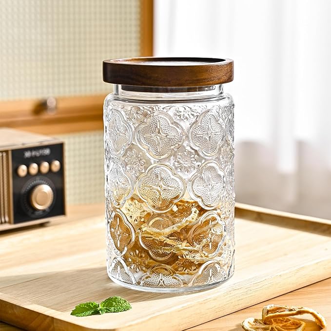 32oz Vintage Glass Jar With Lid, Glass Storage Containers, Airtight Kitchen Storage Containers For Sugar, Coffee, Tea, Spice, Flour, Candy Cookie, Pasta, Cereal, Cute Decorative Jars