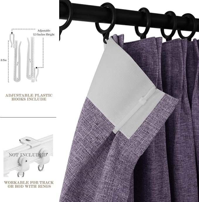 Extra Wide 100% Blackout Linen Textured Curtains - Room Dividers, W150 x L108 (1 Panel), Pinch Pleat Drapes for Living Room, Full Light Block Out Drapery for Sliding Door, Violet