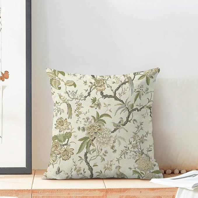CXMEIFLY Spring Floral Birds Pillow Covers 16 x 16 Inch Set of 2 for Chinoiserie Flowers Decor Throw Pillows Sage Green Plant Outdoor Decorative Cushion Cases for Couch Bed Decorations