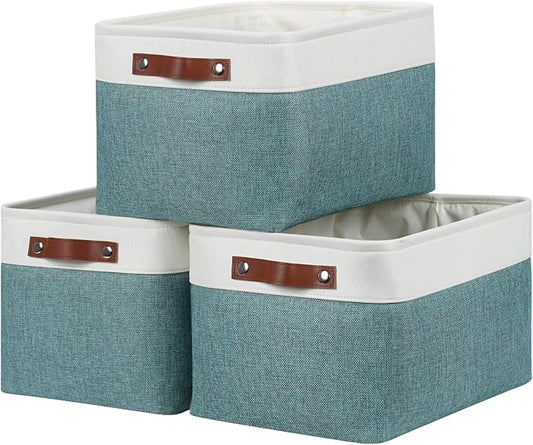 DULLEMELO Storage Baskets for Organizing,Rectangular Fabric Storage Bins with Handles for Office,Bedroom(3-Pack -15 inch X 11 inch X 9.5 inch, White&Dark Green)
