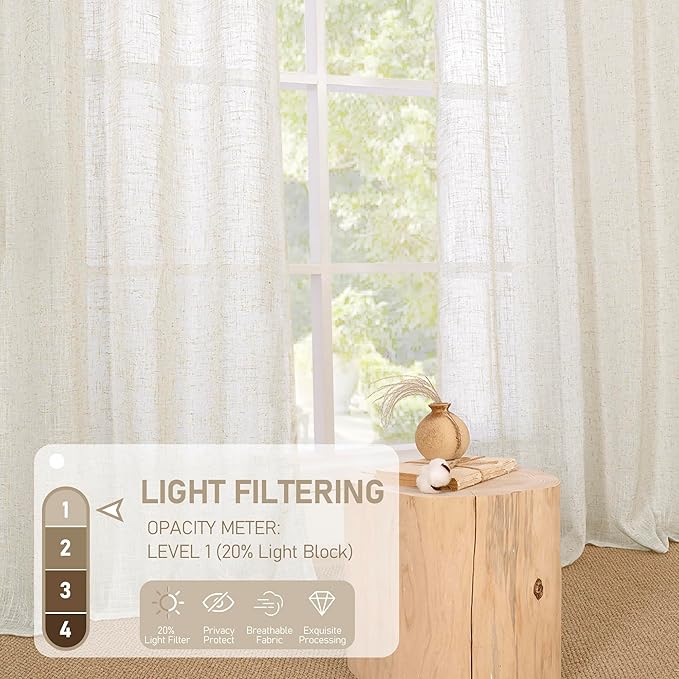 LAMIT Linen Sheer Curtains 84 Inches Long for Living Room, Soft Linen Textured Window Drapes Semi Sheer Light Filtering Bronze Grommet Neutral Panels for Bedroom, Cream Ivory, 2 Panels, 34 x 84 Inch