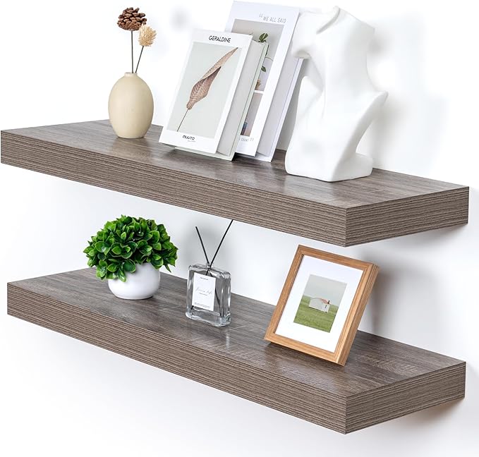 Deep Floating Shelves for Wall, 36W x 12D Rustic Large Floating Shelves Set of 2, 12'' Deep Grey Wood Floating Shelves for Living Room Bathroom Laundry Room Bedroom Kitchen Home Office - Grey