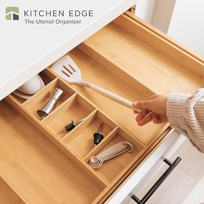 Adjustable Kitchen Drawer Organizer for Utensils and Junk, Food-Safe Contract Grade with 100% Sustainable Wood, Expandable from 19 to 33 Inches Wide - Natural Bamboo
