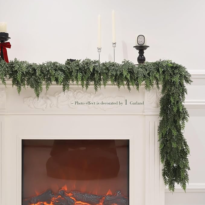 9FT Christmas Cedar Garland Artificial Real Touch Thickness Realistic Greenery Pine Garland for Mantle Fireplace Outdoor Indoor Christmas Decorations