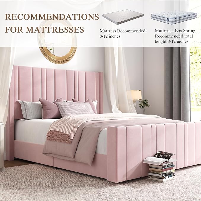 HOMBCK Queen Bed Frame Pink Upholstered Bed with Vertical Channel Tufted Headboard & 22" Footboard, Noise Free/Wooden Slats/Noise Free/No Box Spring Needed/Easy Assembly