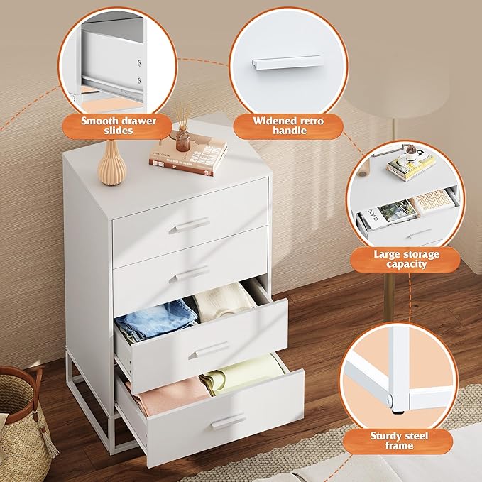 WLIVE White Wood Dresser for Bedroom with 4 Drawers, Tall Chest of Drawers with Sturdy Metal Frame for Living Room, Hallway, Closet
