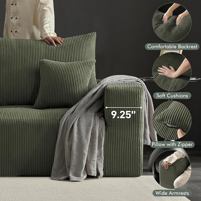 Boneless Cloud Couch Sofa for Living Room, 112" 3 Seater Green Modern Lounge Sleeper Couch, No Assemble, Cordury Compression Upholstered Couches