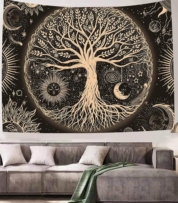 FORATER Tree of Life Tapestry Wall Hanging Sun Moon Stars Tapestries Aesthetic Galaxy Wall Tapestry Nature Home Decoration for Living Room Bedroom(36 x 48 Inch, Black and Gold)