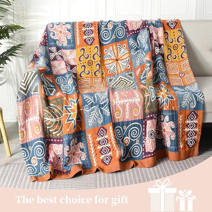 Boho Throw Blanket for Bed - 100% Pure Cotton Ultra Soft Rustic Quilt - Farmhouse Decor Bed Blankets, All Season Rustic Throw for Sofa Couch Chair(60"×80", Art Squares)