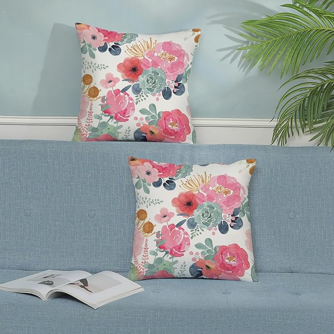 CXMEIFLY Spring Floral Pillow Covers 20 x 20 Inch Set of 2 for Watercolor Pink Flowers Decor Throw Pillows Green Leaves Plant Outdoor Decorative Cushion Cases with Zipper for Couch Bed Decorations