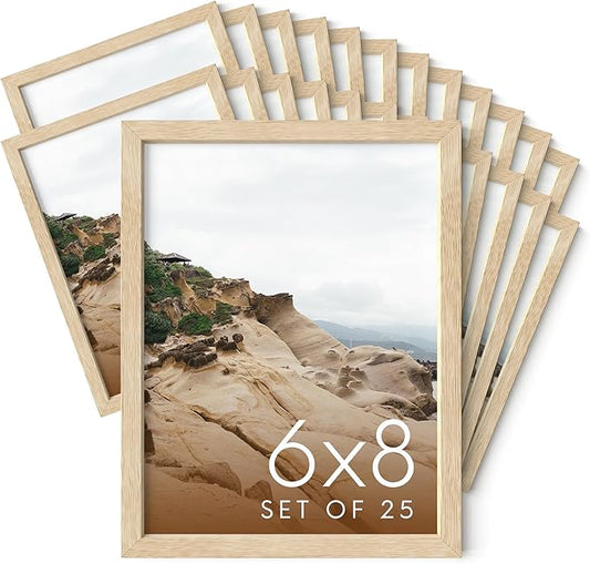 HAUS AND HUES 6x8 Natural Oak Wooden Picture Frame - Set of 25 6x8 Poster Frame - Premium Oak, Vertical Hang, Shatterproof Plexiglass - Ideal for Home, Room, Office (6x8-inch, Natural, Set of 25)