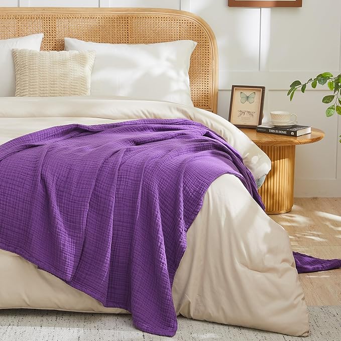 EMME Cotton Muslin Large Throw Blanket Couch Breathable Gauze Blanket Soft Lightweight Bed Blankets Adults (Purple, 50"x70")