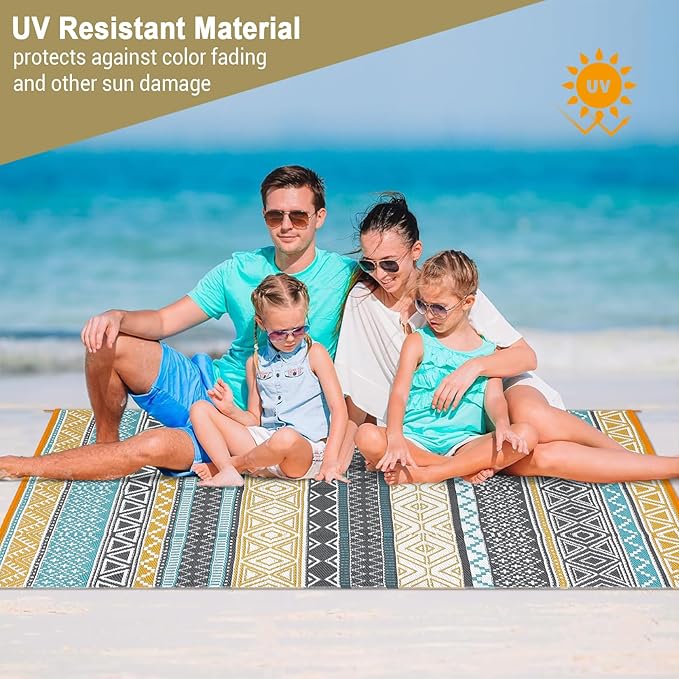 GAOMON Outdoor Rug 9'x12' Waterproof Rug for Patio Decor, Foldable Reversible Plastic Straw Area Rugs Mat for Camper, Outside Carpet for Deck, Porch, Picnic, Beach, Teal/Yellow(Bohemia)