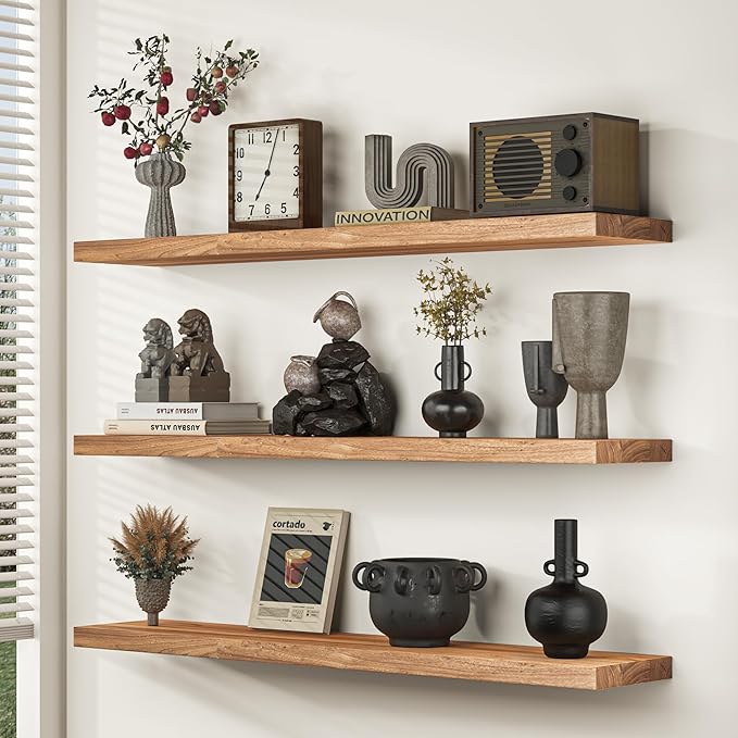 Fun Memories Floating Shelves for Wall, 24 Inch Floating Shelves Wall Mounted, Rustic Elm Wood Shelf, Heavy-Duty Storage Shelves for Books, Bathroom, Kitchen, Natural Finish, Set of 2