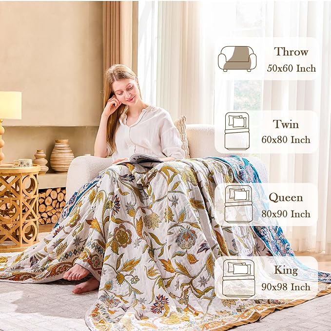 Fall Throw Blanket for Couch, Brown Boho Decorative Throw Blanket, 100% Cotton Muslin Breathable Woven Farmhouse Blankets Quilt, 80"x90" Reversible Lightweight Blankets Bohemian Throw Quilt