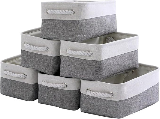 Fabric Storage Bins 12x8x5 inch [6-Pack] with Rope Handles - Decorative Baskets for Organizing