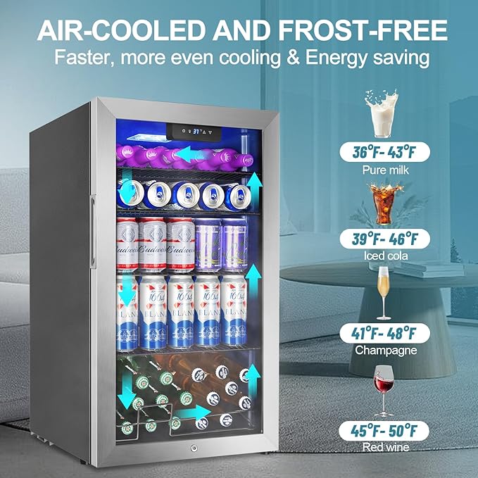 Beverage Refrigerator Cooler, 128 Cans Mini Fridge Glass Door for Drink Beer Soda Wine, 3.2 Cu.Ft Small Fridge for Kitchen Bedroom Office Bar, with 4 Adjustable Removable Shelves, Stainless Steel