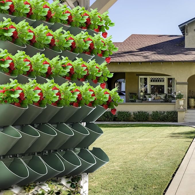 Worth Garden Upgraded 12 Sets (36-Pocket) Self Watering Stackable Vertical Planters - Wall Mounted Plastic Plant Grow Pots fr Strawberries Flowers Herbs - Indoor Outdoor Green Wall Decoration (Green)
