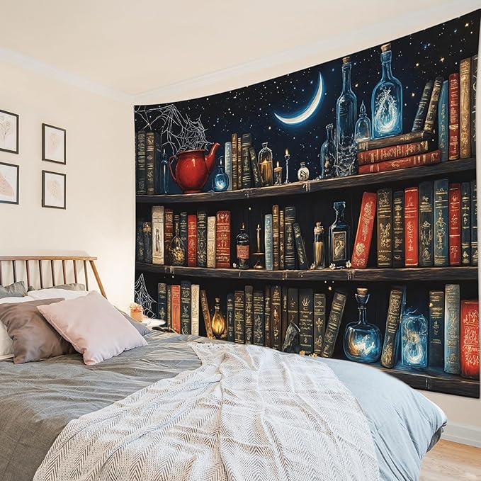 LB Fantasy Bookshelf Tapestry, Horror Spider and Vintage Book with Moon Wall Tapestry for Bedroom Aesthetic, Trippy Galaxy Wall Art for Living Room Dorm Home Decor Ready to Hanging, 80 x 60 Inches