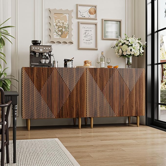 65 Inch Fluted TV Stand, Mid Century Modern Entertainment Center with Storage Cabinets & Adjustable Shelves, Media Console TV Credenza for Living Room, Dining Room, Hallway, Walnut