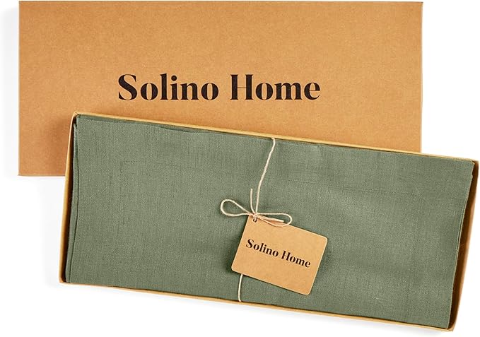 Solino Home Linen Table Runner 60 Inches - 100% Pure Linen Oil Green Table Runner 14 x 60 Inch Ideal for Dresser and Coffee Tables - Fall, Autumn, Thanksgiving - Fete