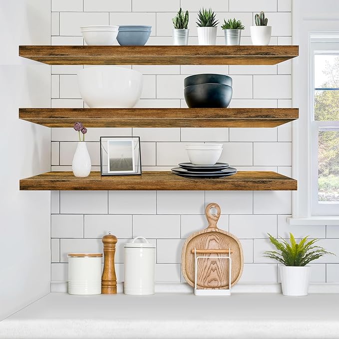 Sorbus Floating Shelves for Wall - 35 Inch Long Bathroom Shelves, Wall Decor for Bedroom, Kitchen, Living Room & Book Storage - Mounted Floating Shelf with Invisible Brackets (Rustic Brown, 3 Pack)