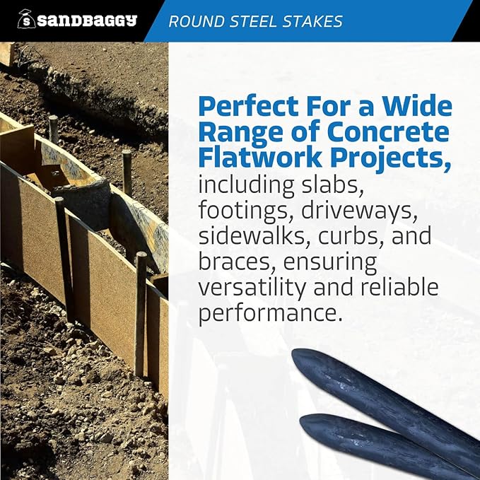 Sandbaggy Round Steel Concrete Form Stakes with Nail Holes - Rust Resistant Coating - Removable, Reusable (10, 3/4 in X 12 in)