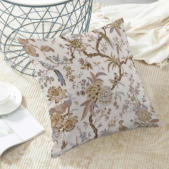 CXMEIFLY Spring Floral Birds Pillow Covers 16 x 16 Inch Set of 2 for Chinoiserie Flowers Decor Throw Pillows Brown and White Plant Outdoor Decorative Cushion Cases for Couch Bed Decorations