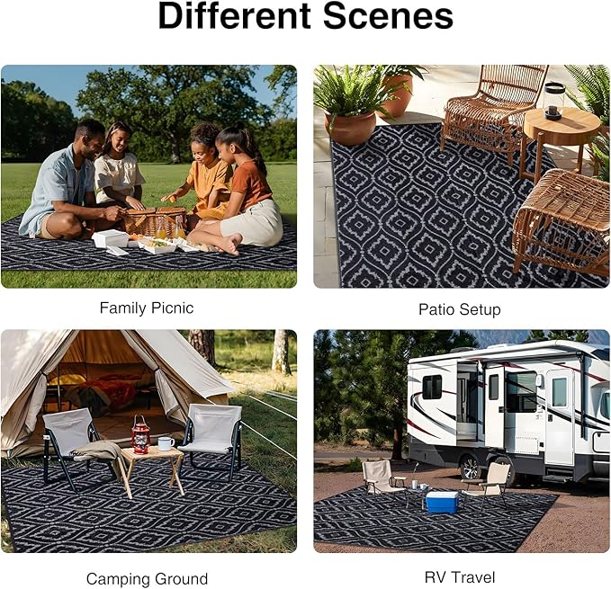 OLANLY Outdoor Rug 6x9 ft Waterproof, Outdoor Plastic Straw Rug with Geometric Pattern Clearance, Reversible RV Mat for Patio, Camping, Balcony, Deck, Backyard, Black & Grey