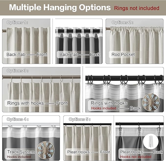 RAIN CITY Linen Blackout Curtain 90 Inches Long 2 Panels Set,Modern Neutral Black Out Hooks Drapes for Sliding Glass Door/Living Room Traverse Back Tab Cottagecore Nursery 50"x90" Natural Birch/Ivory
